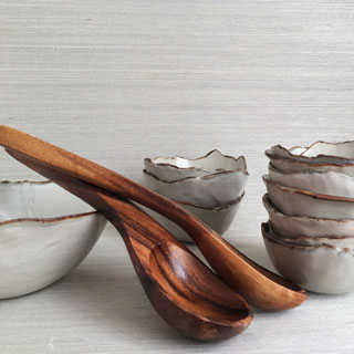 black white linen look brown raw edge bowls set wood spoons pottery dishes fireweed studio jenn weede