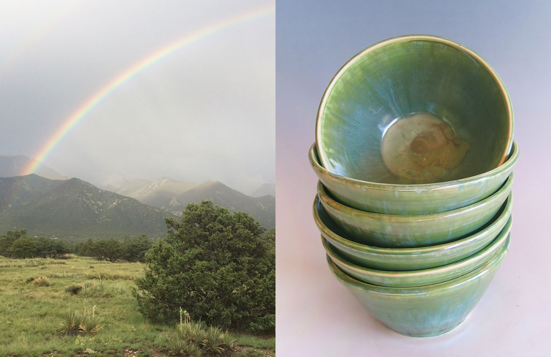 Rainbow over Crestone Colorado inspiration set of green bowls pottery ceramic dishes fireweed studio jenn weede